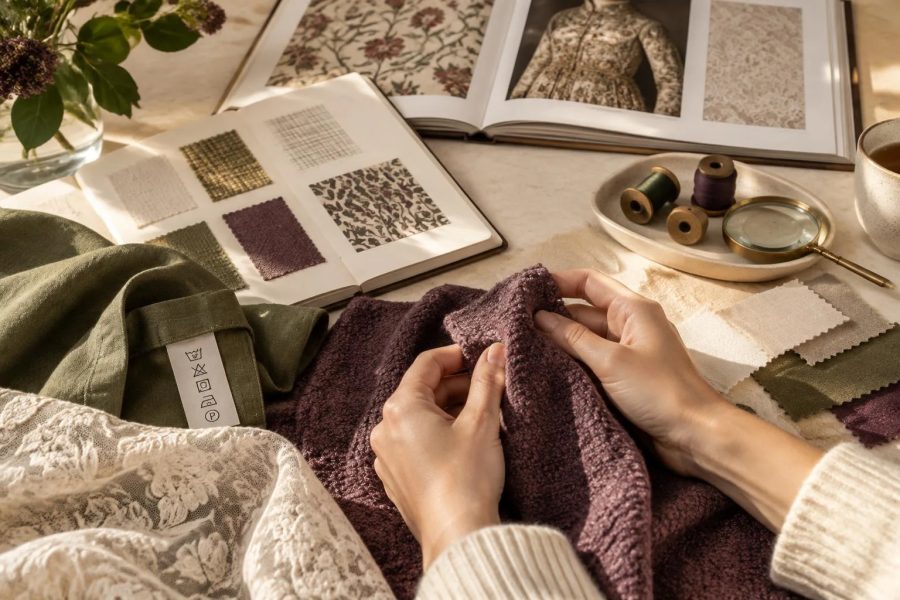 Manos sosteniendo una tela morada mientras hay muestras de telas, hilos, una lupa y libros con fotografías y muestras de tejidos sobre una mesa.