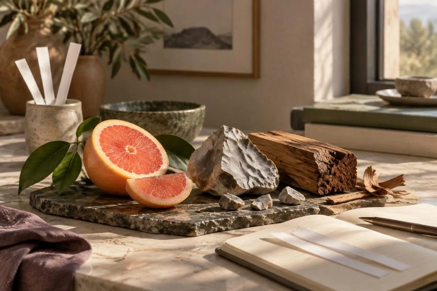 Ilustración conceptual que muestra una mesa con una toronja partida, trozos de piedra, un bloque de madera, y utensilios para perfumería en un ambiente cálido y natural.