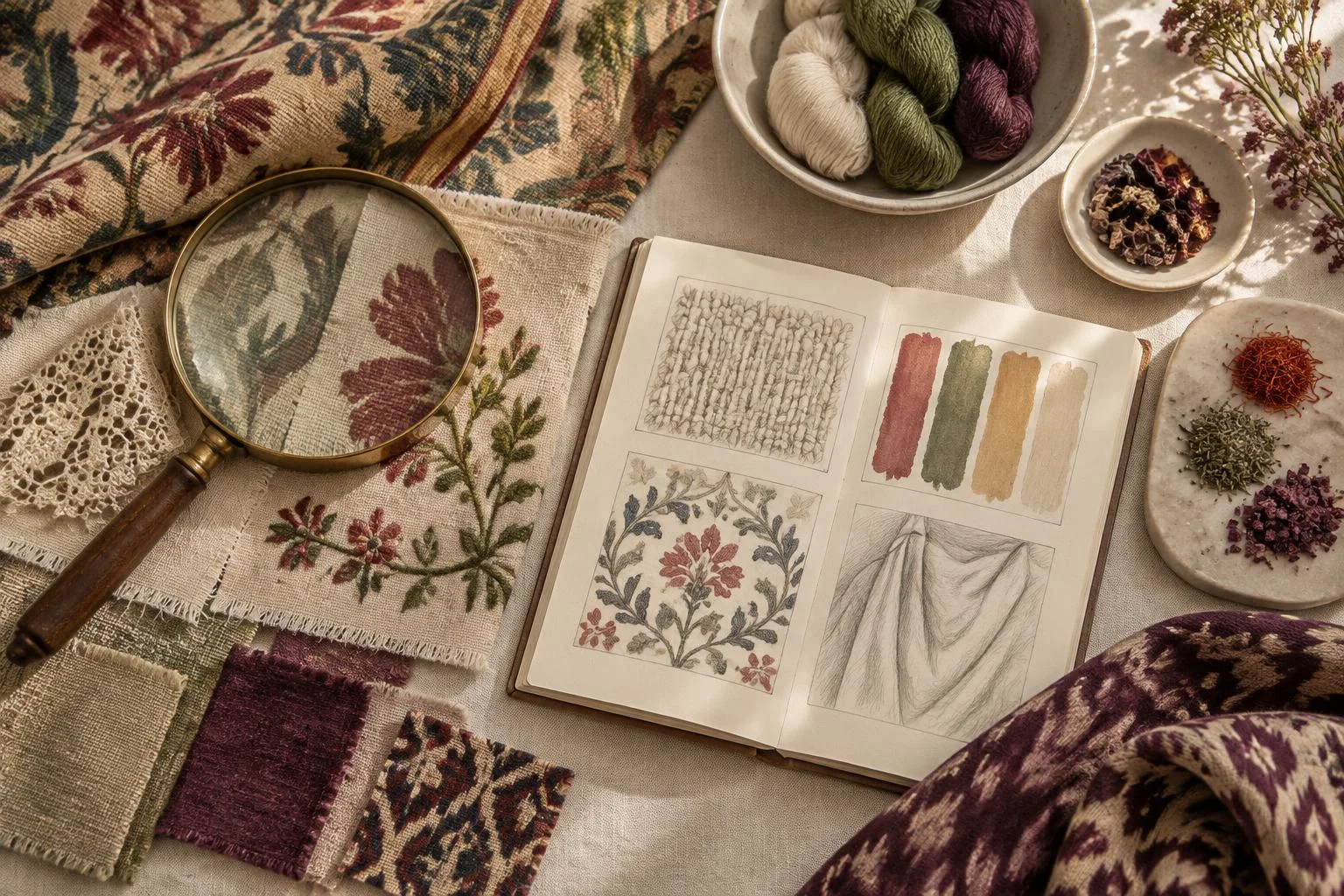 Imagen conceptual que muestra una mesa con muestras de tejidos, una lupa sobre un bordado floral, un cuaderno abierto con dibujos y paletas de color, ovillos de hilo y platos con tintes naturales.