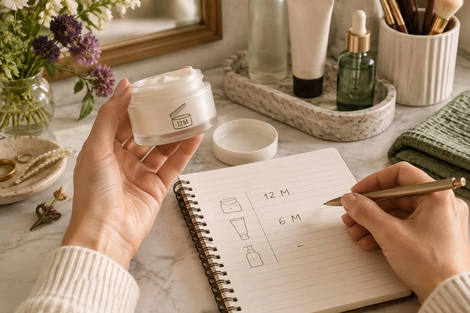 Conceptual image showing a hand holding a cosmetic cream jar with an open jar symbol and '12M' on it. Next to it, a person is writing notes in a notebook with cosmetic product symbols and usage periods like '12 M' and '6 M'. Beauty objects such as brushes and flowers decorate a table in the background.