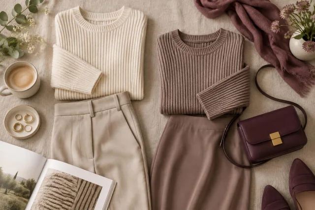 Composición conceptual de una propuesta editorial con jerséis de canalé en tonos cercanos, combinados con pantalones y faldas de tonos similares, acompañados de accesorios como bolso, bufanda y joyas.