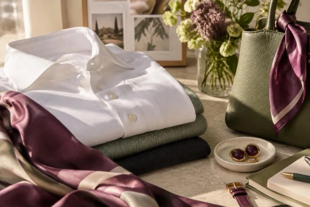 Ilustración conceptual editorial que muestra una camisa blanca pinpoint doblada junto a prendas y accesorios en tonos verdes y morados, incluyendo un bolso verde con un pañuelo morado, joyas y flores en un jarrón.