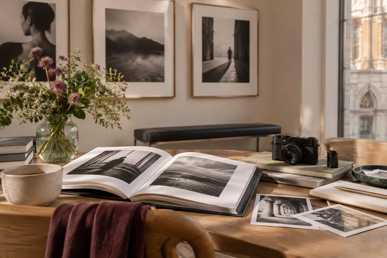 Konzeptbild eines Fotografie-Zentrums mit einem aufgeschlagenen Buch, das Schwarz-Weiß-Fotos zeigt, einer alten Kamera auf Büchern, Blumen in einer Vase und mehreren gedruckten Fotos auf einem Holztisch.