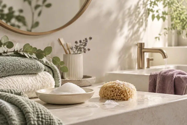 Imagen conceptual de un baño con toallas verdes y blancas apiladas, una esponja con espuma sobre la encimera y un dispensador de agua con un grifo dorado.