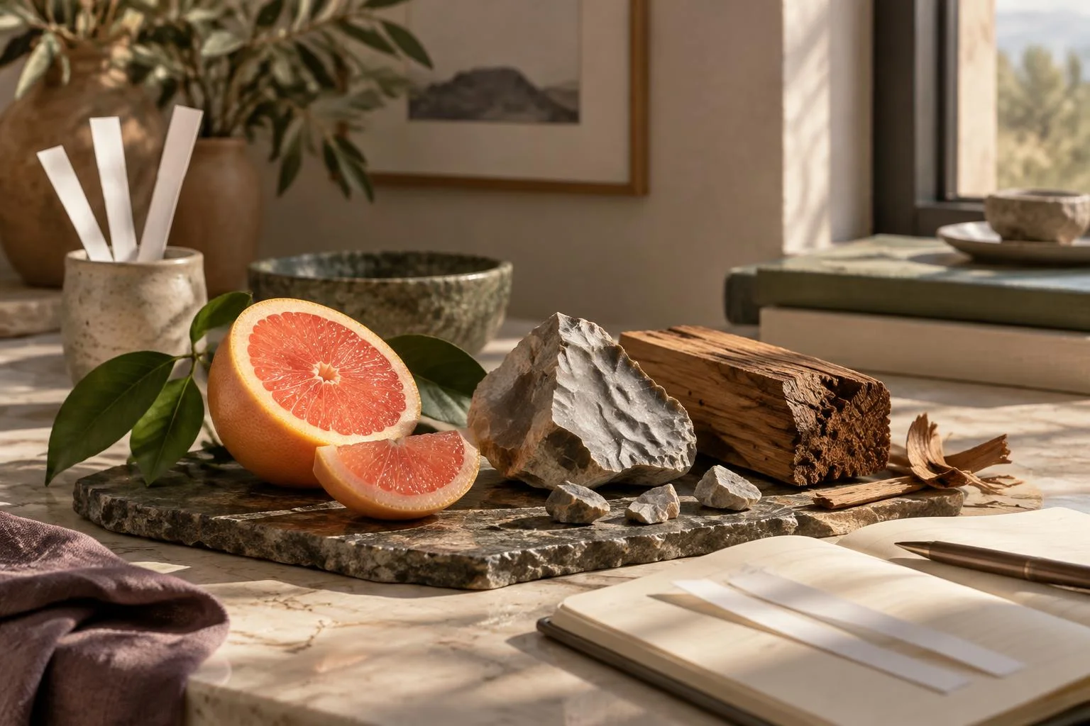 Ilustração conceitual mostrando uma mesa com toranja cortada, pedaços de pedra, um bloco de madeira e tiras para testar perfumes em um ambiente quente e natural.