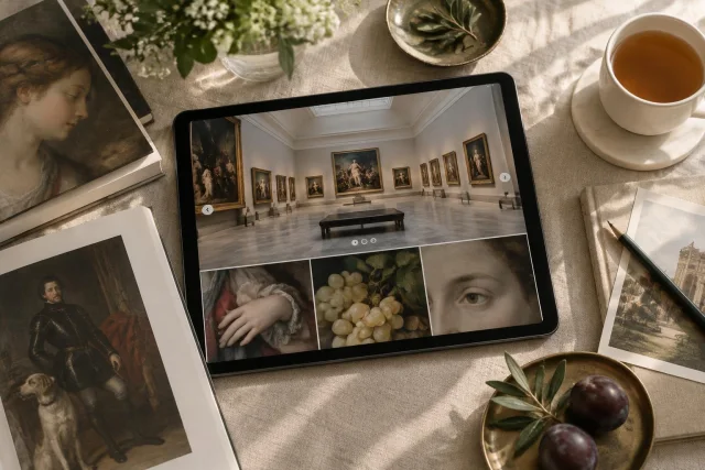 Imagen conceptual que muestra una visita virtual al Museo del Prado en una tablet, acompañada de libros de arte, una taza de té, frutas y plantas sobre una mesa.