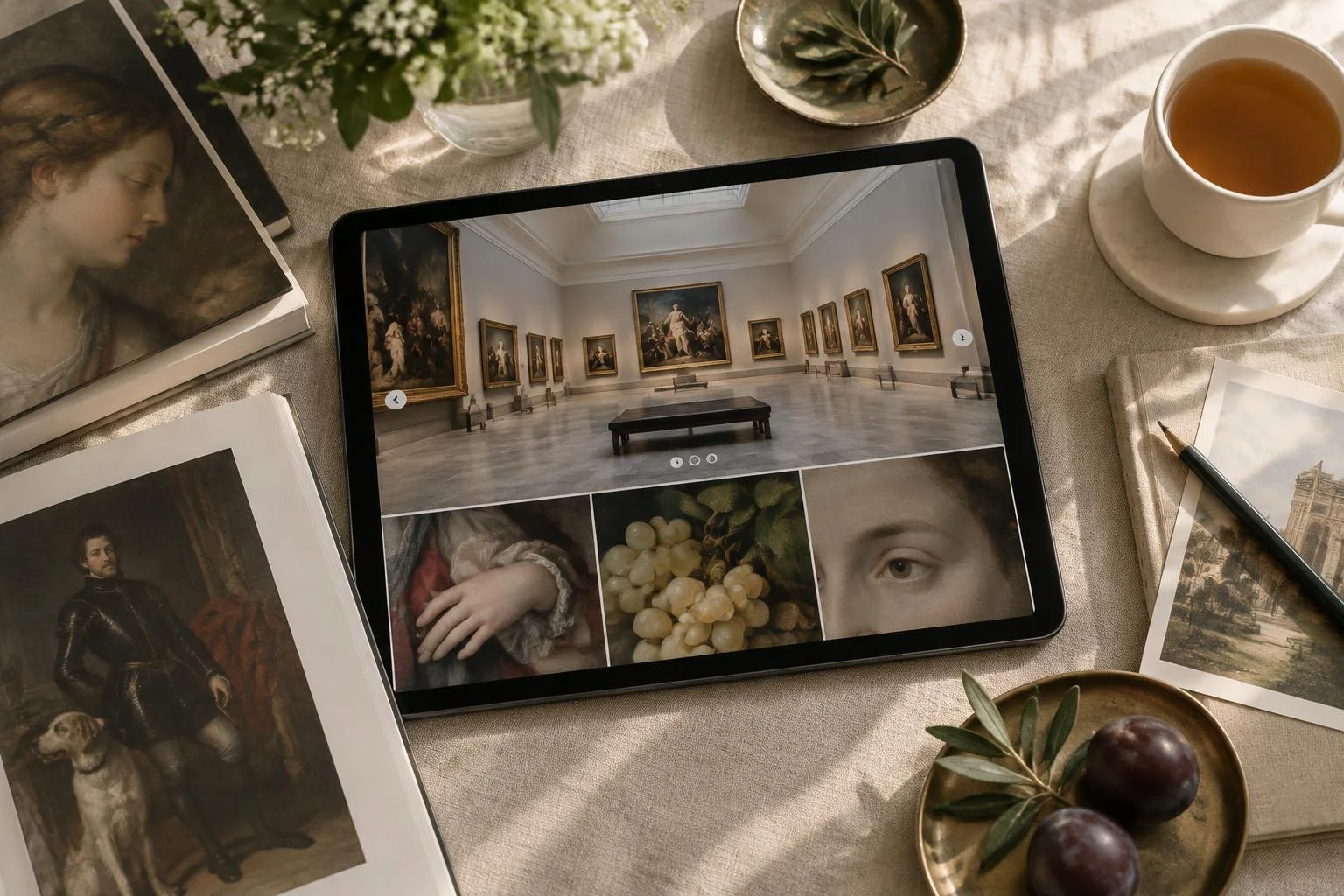 Imagen conceptual que muestra una visita virtual al Museo del Prado en una tablet, acompañada de libros de arte, una taza de té, frutas y plantas sobre una mesa.