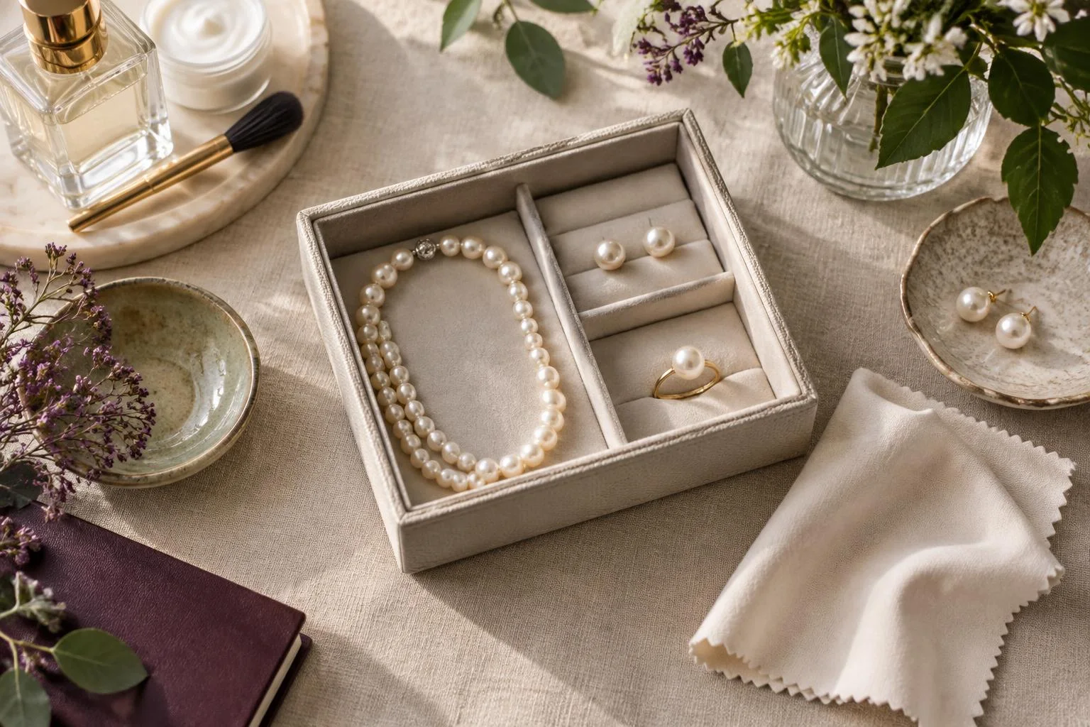 Imagen conceptual que muestra un estuche de joyería con un collar de perlas, pendientes de perlas y un anillo con perla, acompañado de un paño de limpieza, perfume, crema y flores sobre una mesa.