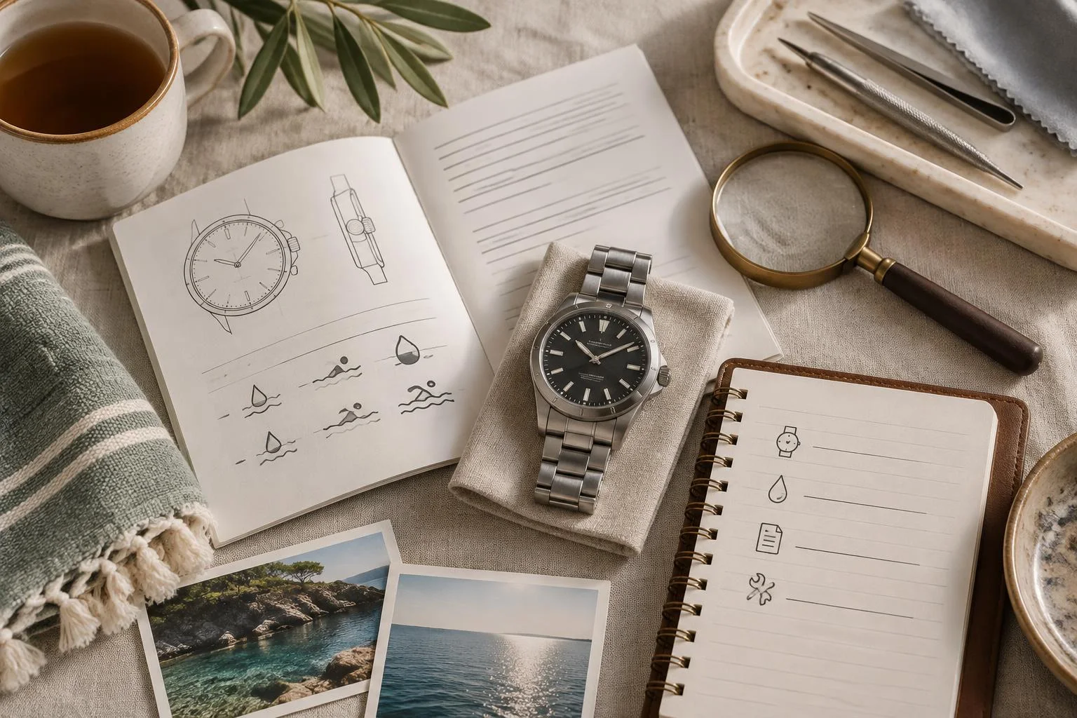 Konzeptionelle Abbildung einer Uhr neben einem offenen Handbuch mit Zeichnungen zur Wasserbeständigkeit, einer Lupe, Meerfotos, einer Teetasse und einem Notizbuch mit entsprechenden Symbolen.