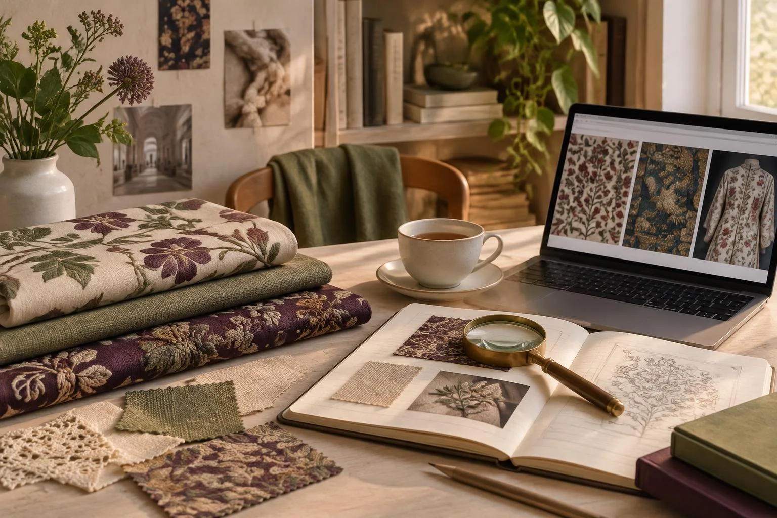 Imagen conceptual de un escritorio con telas estampadas y bordadas, un cuaderno con muestras de tela y dibujos, una lupa, una taza de café y una computadora portátil mostrando imágenes de textiles.