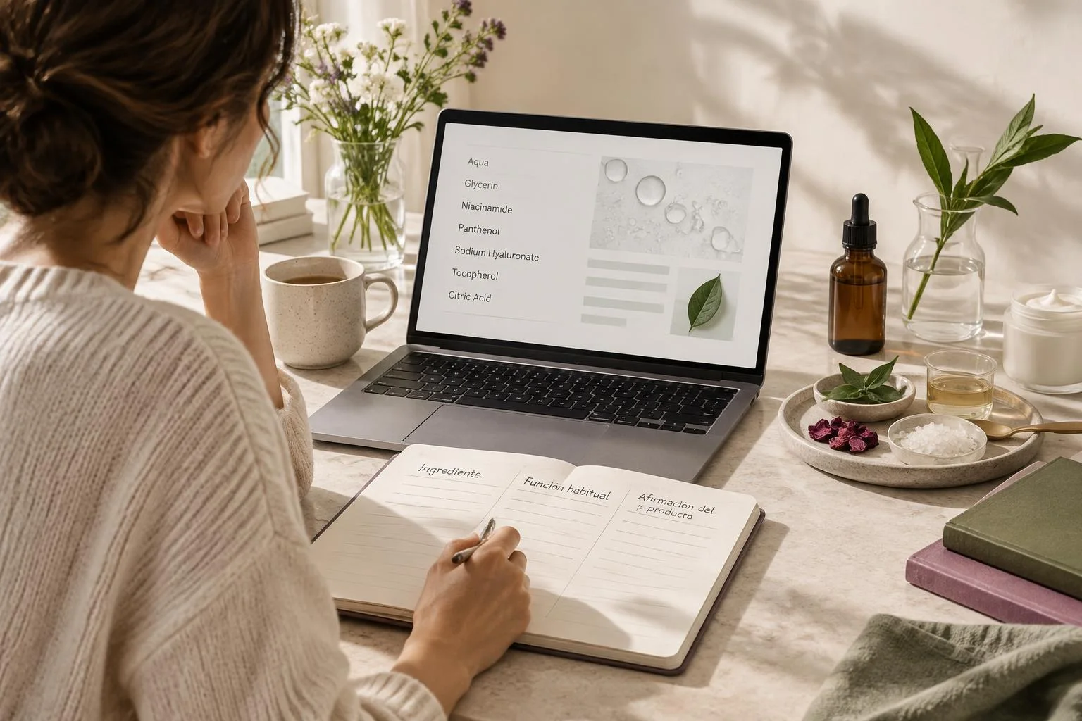 Imagen conceptual de una persona escribiendo en un cuaderno dividido en columnas tituladas 'Ingrediente', 'Función habitual' y 'Afirmación del producto', mientras observa una lista de ingredientes cosméticos en la pantalla de una laptop. Alrededor hay elementos naturales y frascos.