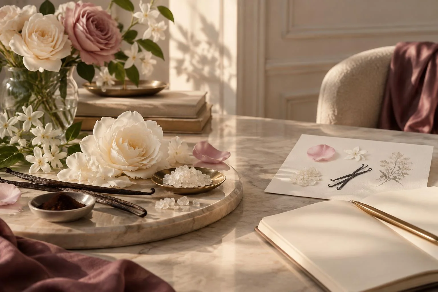 Imagen conceptual que muestra flores, vainilla en vaina, pétalos y cristales sobre una bandeja de mármol, junto a un cuaderno abierto con una pluma dorada en un entorno cálido y elegante.