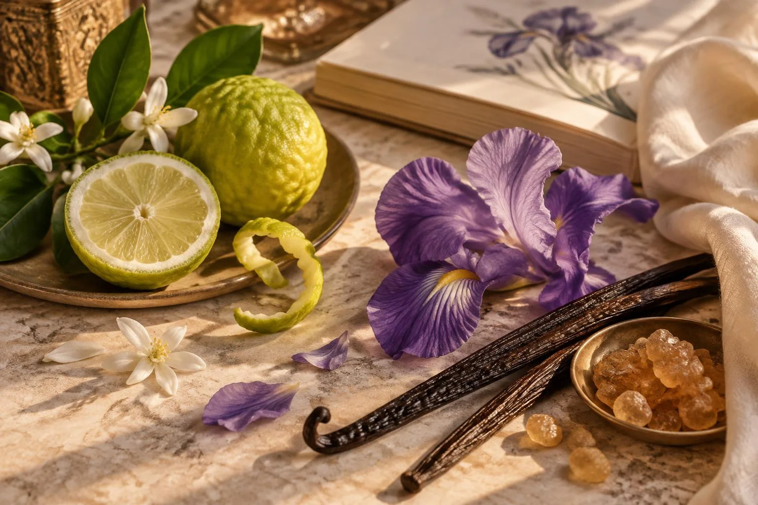 Ilustración conceptual de fragancia con notas cítricas, florales y vainilla: frutos cítricos frescos, flores moradas de iris, vainilla en vaina y pequeñas resinas sobre una superficie de mármol, junto a un libro abierto.