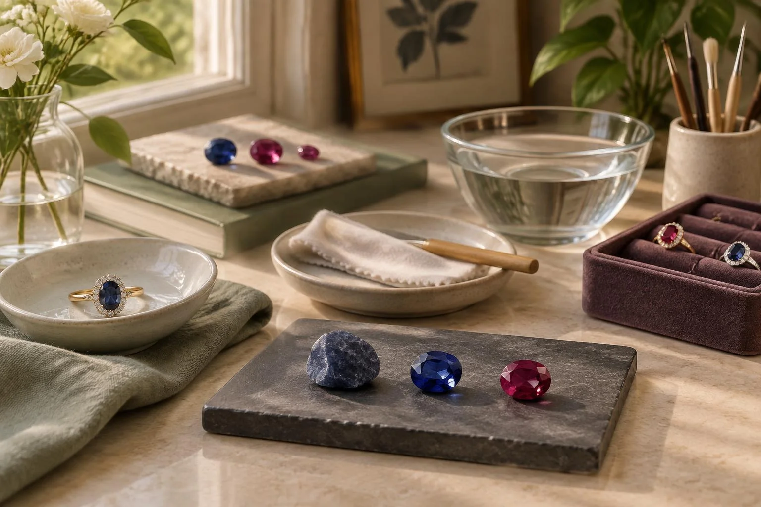 Imagen conceptual de una mesa con gemas en bruto y talladas (zafiros y rubíes), un anillo con gema azul, un paño de limpieza, un cuenco con agua y pinceles, representando el cuidado de gemas.