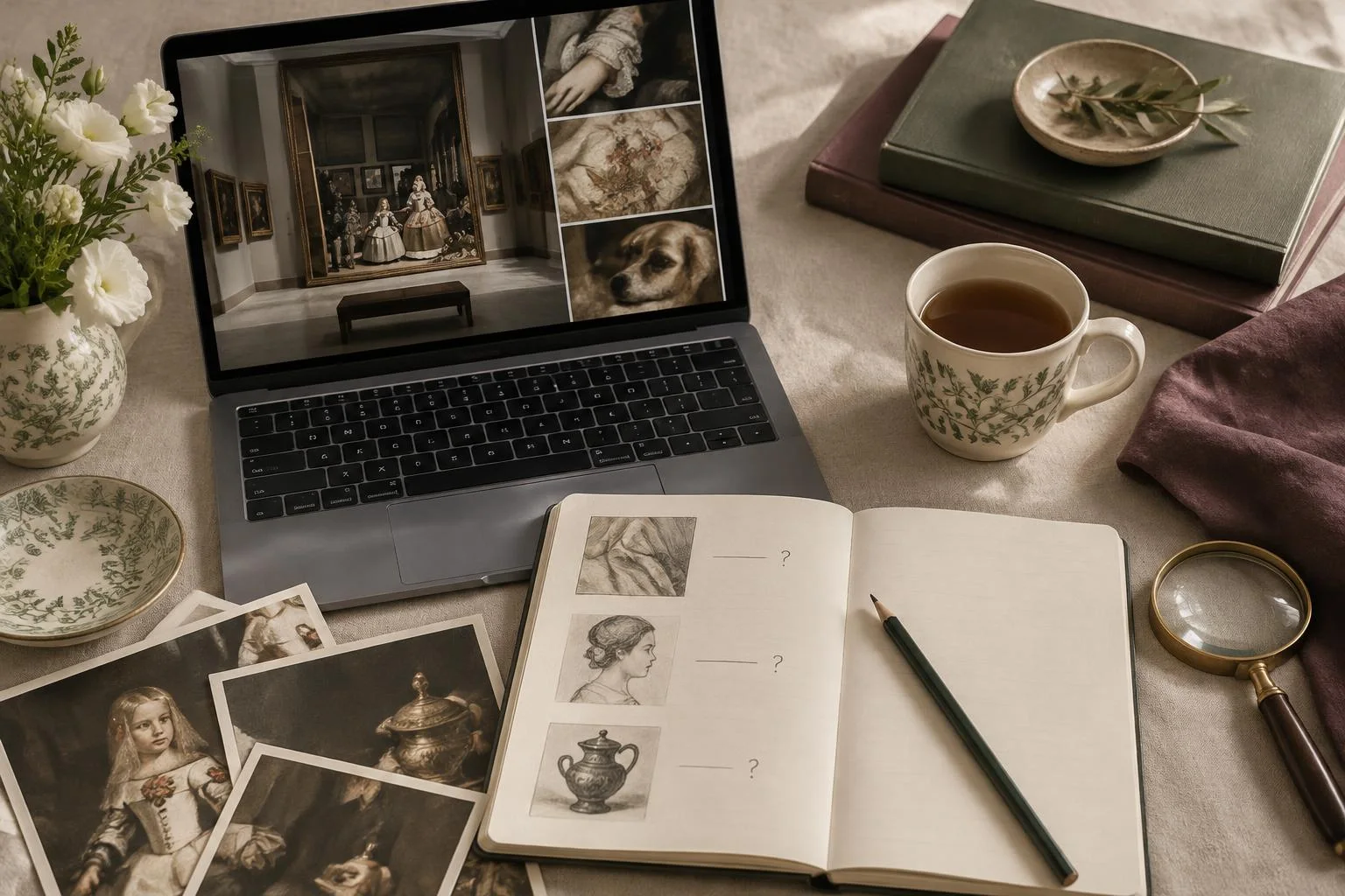 Conceptual image showing a virtual museum visit: a laptop with images of Prado artworks, a notebook with sketches of painting details and a pencil, alongside a cup of tea, small plates, a magnifying glass, and flowers.