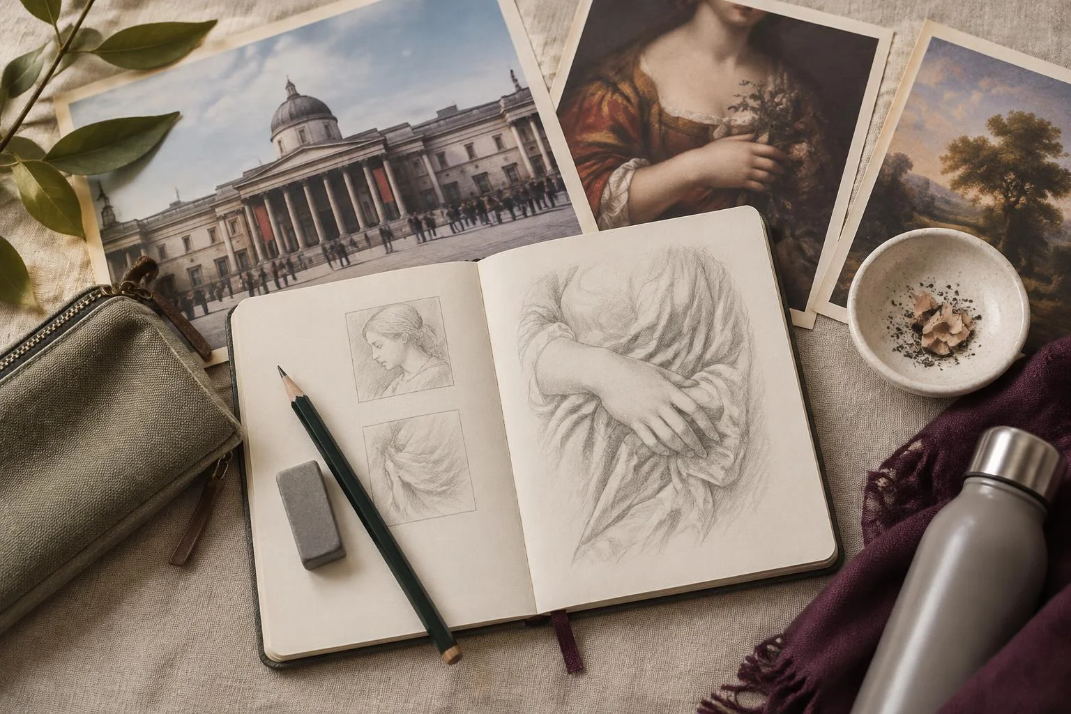 Una imagen conceptual que muestra un cuaderno de dibujo abierto con bocetos en lápiz de una mano y un pliegue de tela, rodeado de fotografías impresas de obras de arte clásicas y un edificio de la National Gallery, junto con una goma de borrar, un lápiz, un estuche, un paño morado, una botella y un pequeño cuenco con virutas de lápiz.