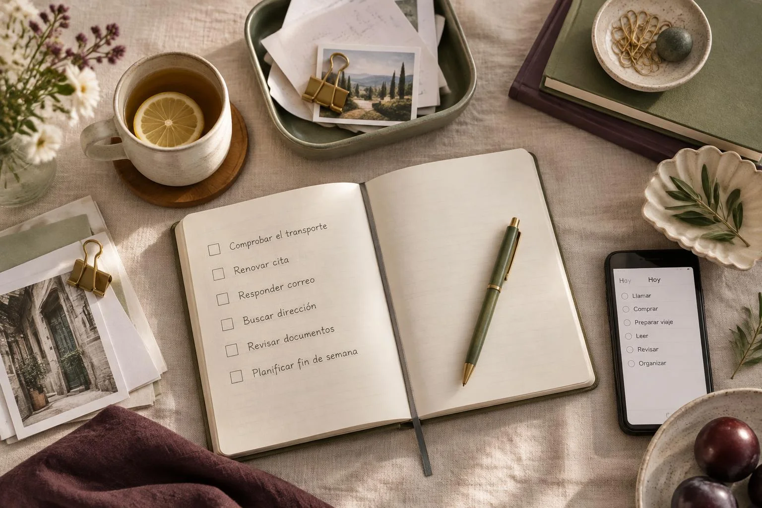 Imagen conceptual de una mesa con una libreta abierta con lista de tareas en español y un bolígrafo encima. Cerca, un teléfono móvil muestra otra lista de tareas y hay una taza con té y una rodaja de limón, junto con varios objetos organizadores.