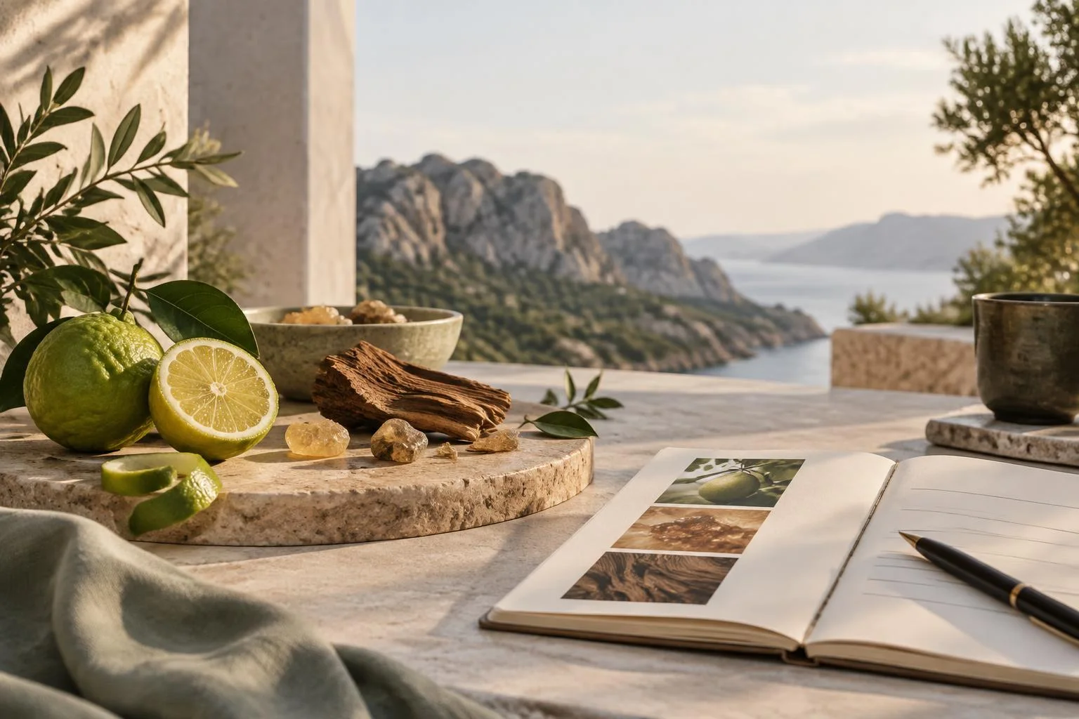 Ilustración conceptual de ingredientes naturales (bergamota, resina, madera) junto a un cuaderno abierto con fotos, sobre una mesa con vista a un paisaje montañoso y un cuerpo de agua.