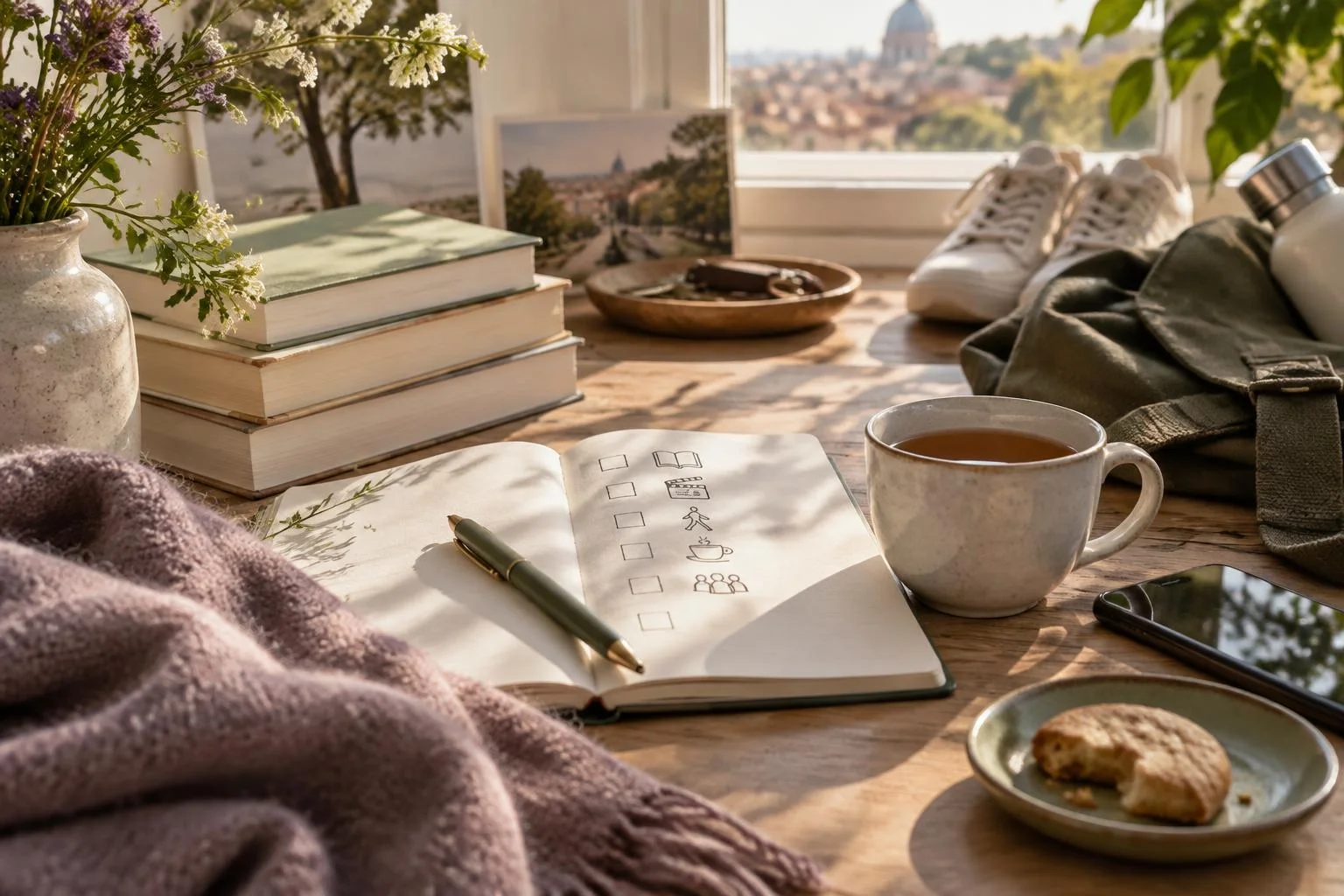Ilustración conceptual de una tarde libre con un cuaderno abierto con íconos de actividades, taza de té, galleta, libros y una ventana con vista al exterior.