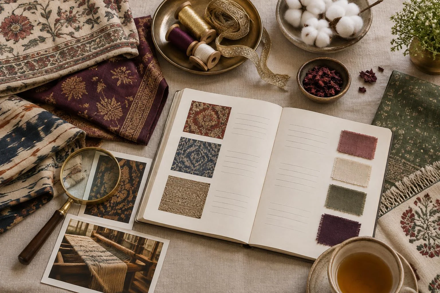Imagen conceptual de un cuaderno abierto con muestras de textiles y colores, rodeado de telas con patrones, un plato con hilos dorados y púrpuras, una lupa, fotografías de tejidos, algodón en rama, y una taza de té sobre una mesa.