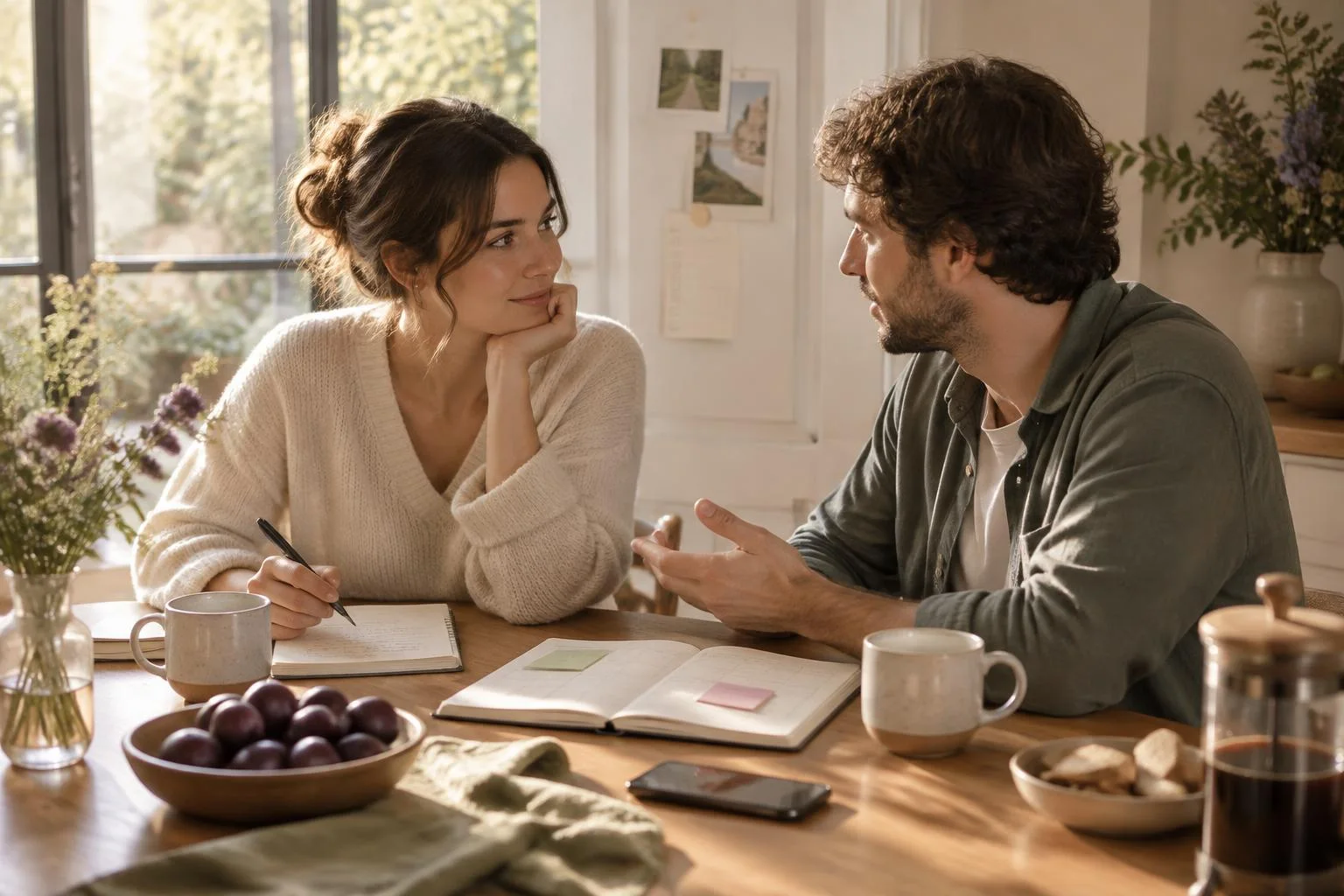 Conceptual illustration of a couple having a calm conversation at a table with notebooks and mugs in a cozy, well-lit home setting.