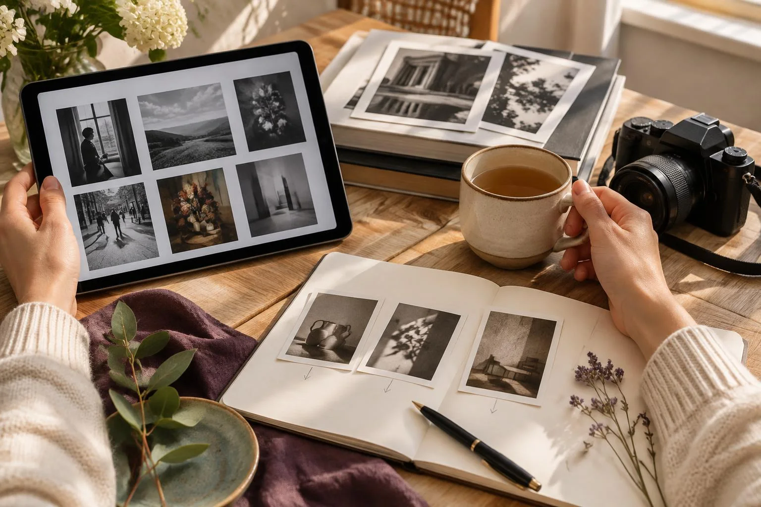 Persona sosteniendo una tableta con fotografías en blanco y negro, junto a un cuaderno con fotos impresas, una cámara, y una taza de café en una mesa de madera, en un ambiente cálido y hogareño.