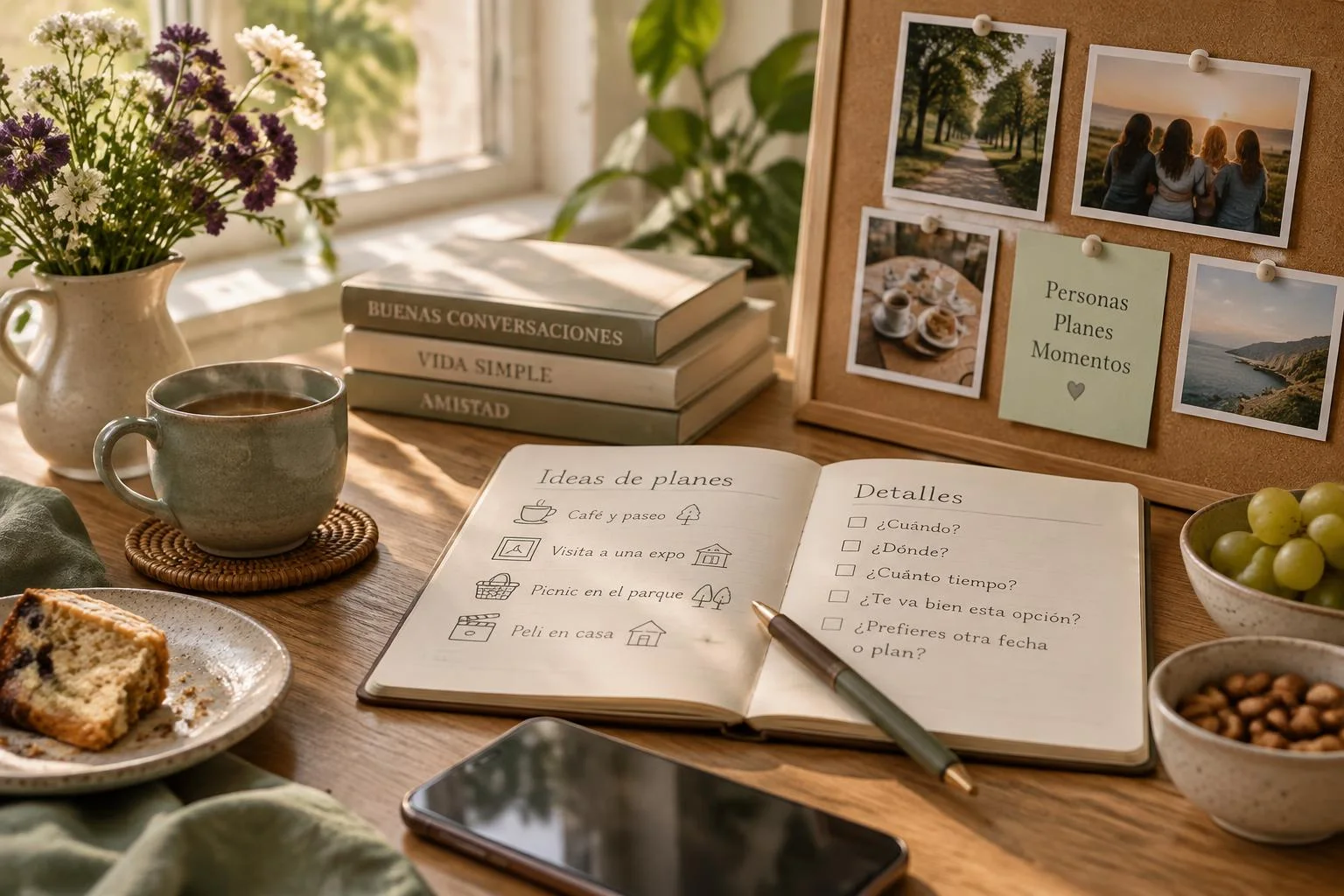 Imagen conceptual de un cuaderno abierto sobre una mesa con ideas de planes para encuentros, mostrando una lista de actividades y preguntas para facilitar la organización. Alrededor hay una taza de café, un trozo de pastel, un teléfono móvil, un jarrón con flores, libros apilados y un tablero con fotos y notas.