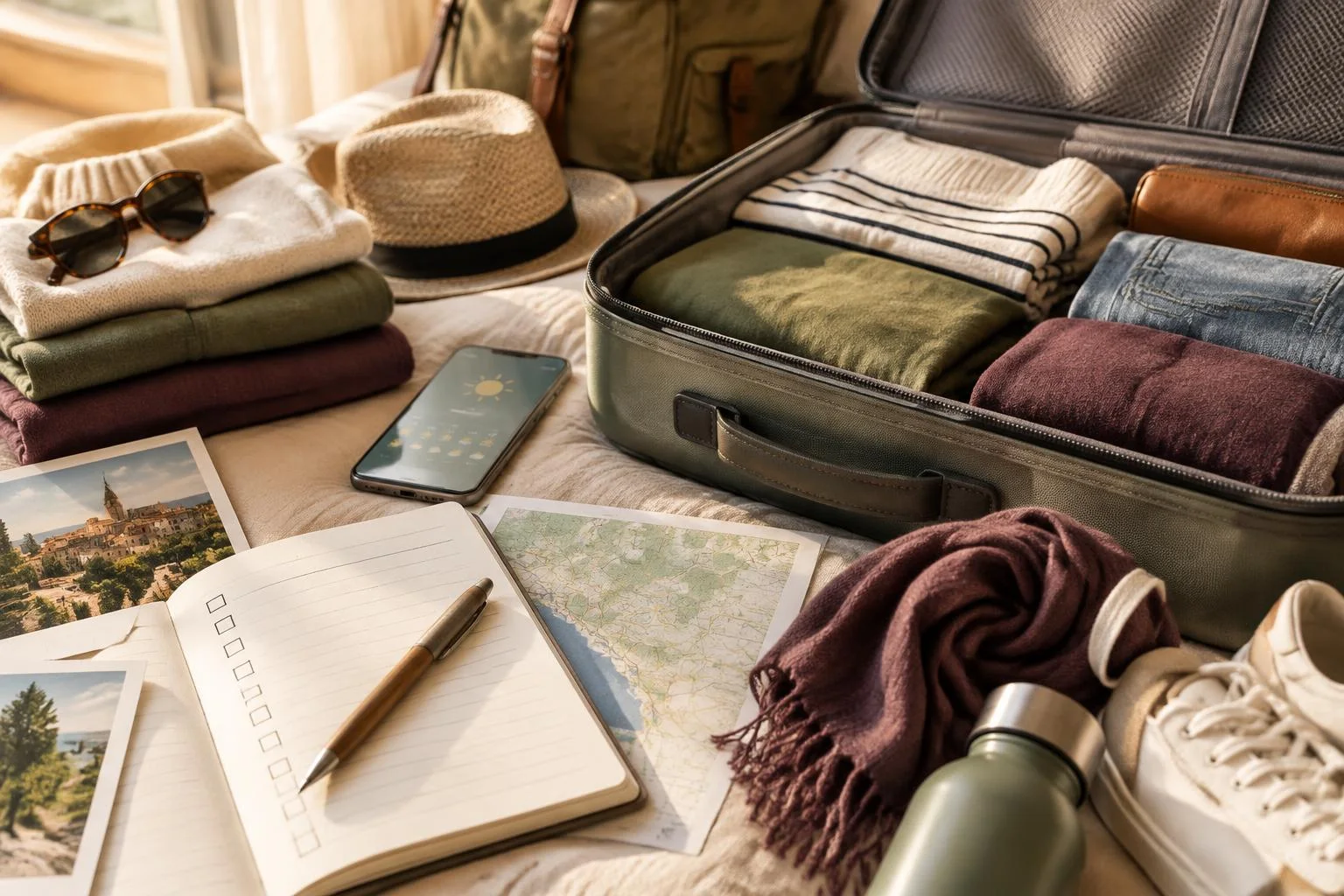 Ilustración conceptual de equipaje para un viaje, mostrando ropa doblada, maleta abierta y objetos de viaje organizados sobre una cama.