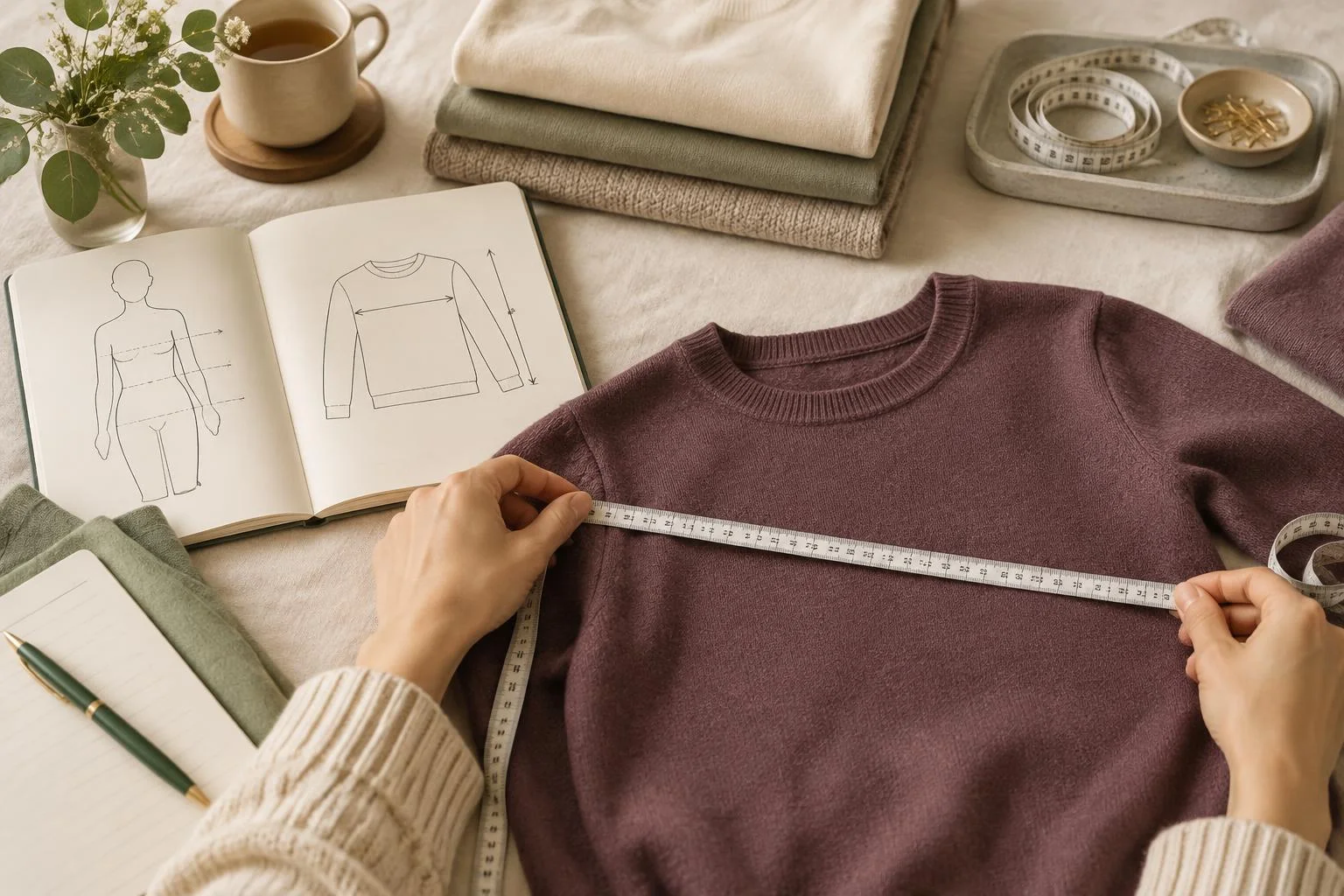 Ilustración conceptual de alguien midiendo un suéter con una cinta métrica, con un cuaderno abierto que muestra diagramas de medidas corporales y de prendas, junto a ropa doblada y accesorios sobre una superficie.