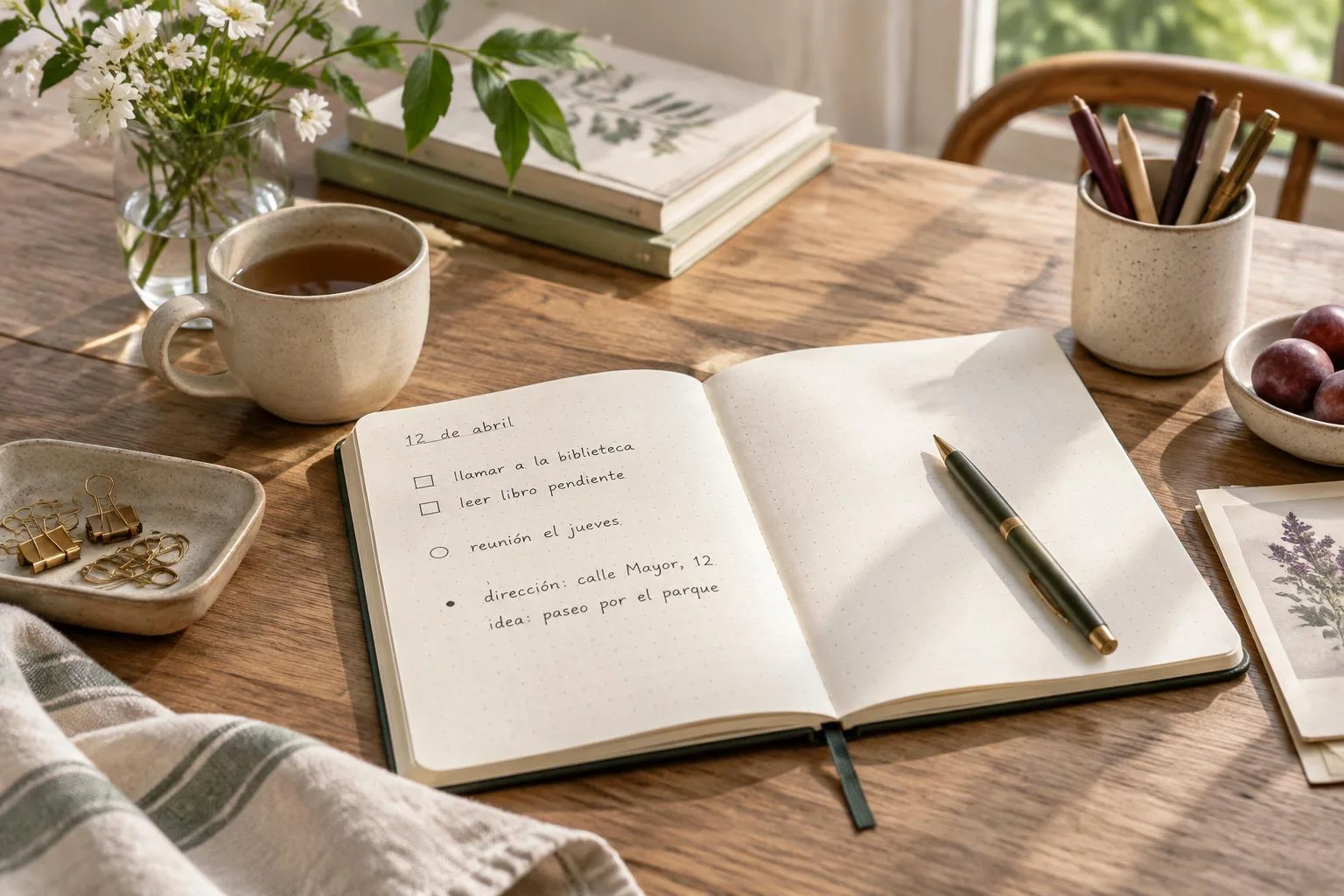 Imagen conceptual de una libreta abierta con una página de registro rápido escrita a mano en español, con tareas, reuniones, direcciones e ideas, sobre una mesa de madera junto a una taza de té, flores en un jarrón, bolígrafos y algunas frutas.