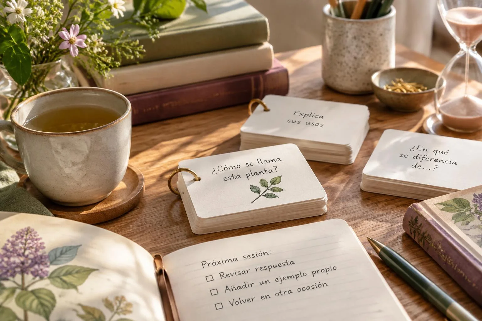 Ilustración conceptual de una estrategia de estudio con fichas de repaso en español, cuaderno con lista de tareas, taza de té y objetos de escritorio sobre una mesa de madera.