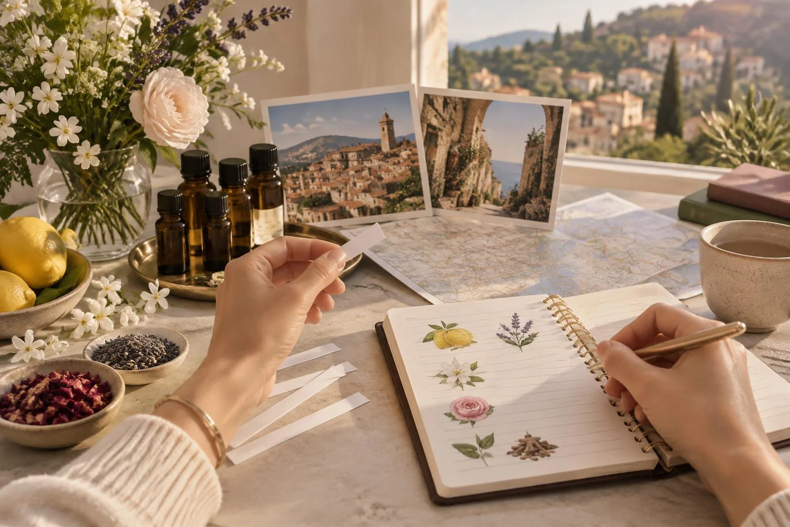 Ilustración conceptual de un taller de perfumería con manos sosteniendo tiras para oler, un cuaderno con ilustraciones botánicas, frascos pequeños, flores y limones sobre una mesa, con fotos de paisajes y un paisaje soleado al fondo.