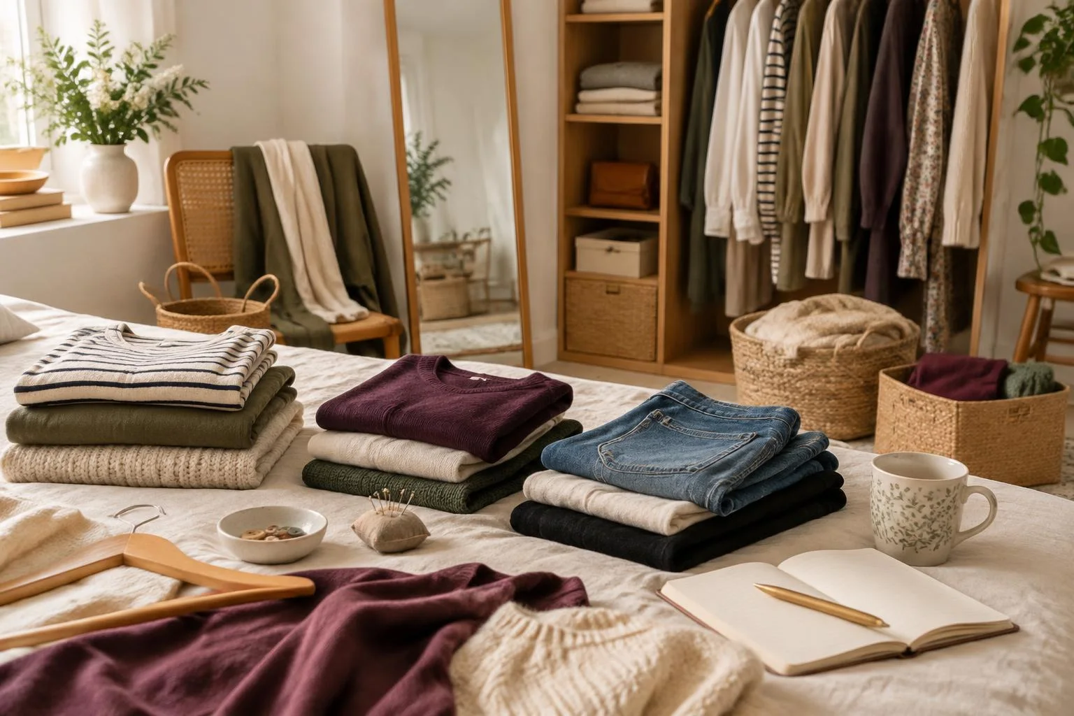 Imagen conceptual de un dormitorio acogedor con ropa doblada cuidadosamente sobre la cama, perchas, un cuaderno abierto con un bolígrafo y una taza, con un armario organizado al fondo.