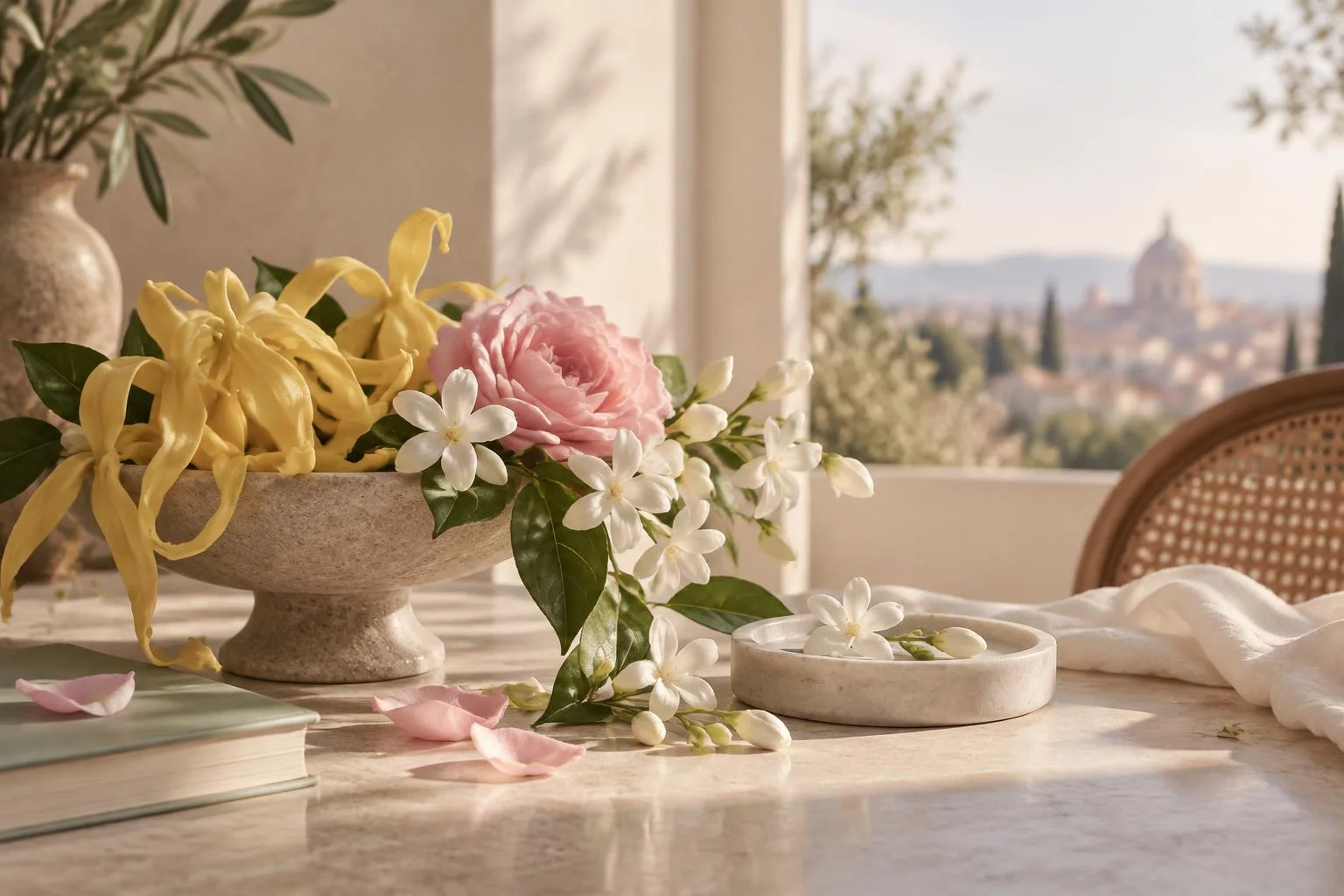 Konzeptionelle Illustration von gelben, rosa und weißen Blumen in einer Steinschale auf einem Tisch mit verstreuten Blütenblättern und einem Buch, im Hintergrund eine verschwommene städtische und grüne Landschaft.