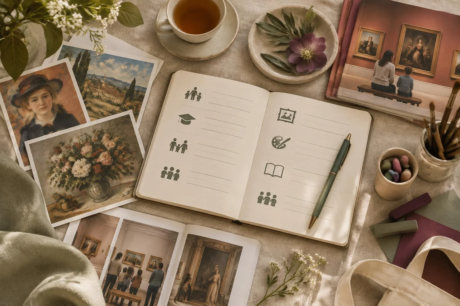 Imagen conceptual que muestra una mesa con impresiones de obras de arte, una libreta abierta con iconos relacionados con educación y museos, una taza de té, un plato con una flor y hojas, pinceles, tizas de colores y libros abiertos con imágenes de personas en un museo.