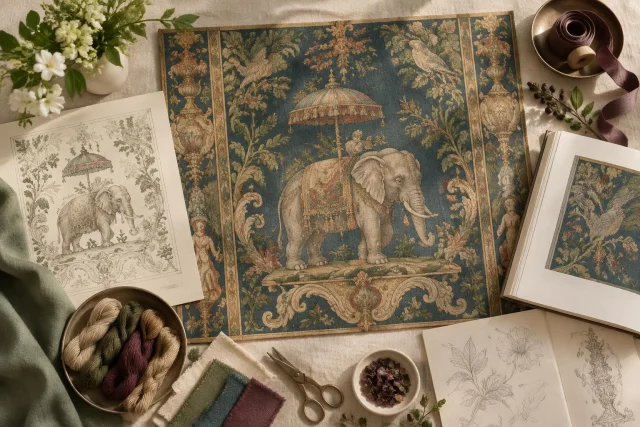Konzeptionelle Komposition mit einem Textil mit einem dekorativen Elefanten, umgeben von Skizzen, bunten Garnen, Stoffmustern, Schere und Blumen in einer künstlerischen und handwerklichen Umgebung.
