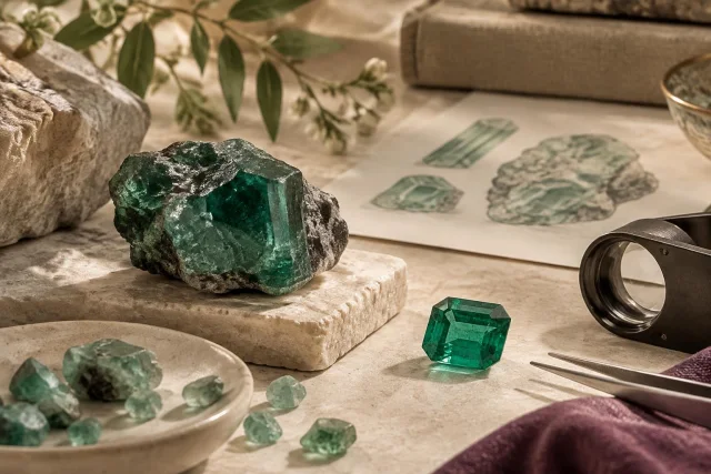 Imagen conceptual de esmeraldas en diferentes etapas: una pieza grande en bruto con color verde intenso, varias piedras más pequeñas, una esmeralda tallada y una ilustración de esmeraldas sobre una mesa con herramientas de joyería.