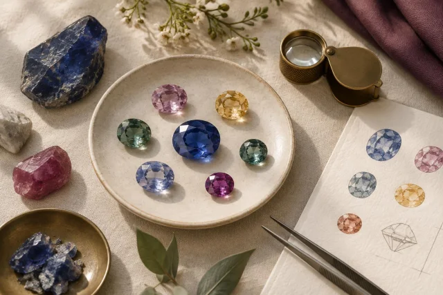 Imagen conceptual que muestra diferentes zafiros facetados de varios colores sobre un plato, junto a minerales en bruto, una lupa de joyero, pinzas y un dibujo de cortes de gemas.