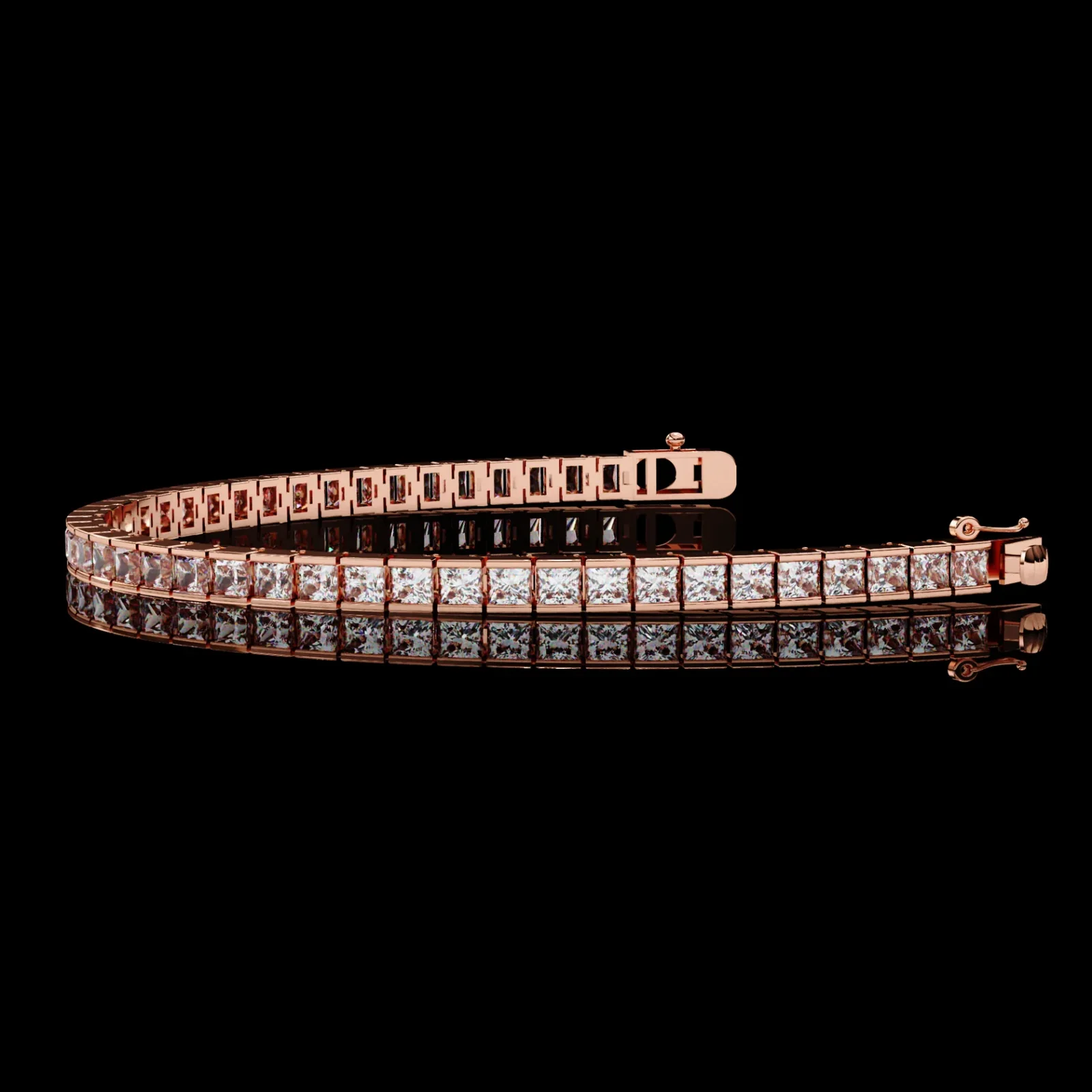 Tennisarmband mit prinzessschliff Diamanten in Roségold gefasst, auf schwarzem Hintergrund mit Spiegelung.