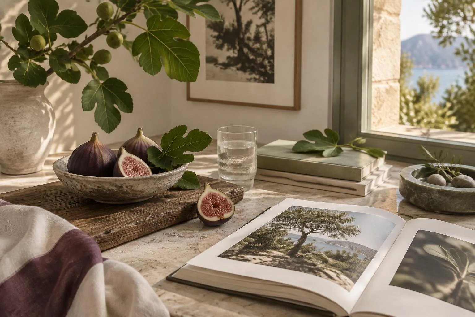 Ilustración conceptual editorial de un bodegón con higos, hojas de higuera, un vaso de agua, libros apilados y un libro abierto con imágenes de naturaleza, junto a una ventana con vista a un paisaje natural.