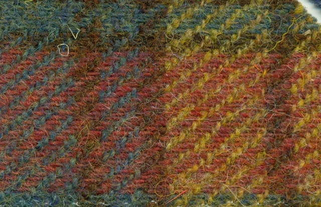 Imagen conceptual de un primer plano de tela tejida de Harris Tweed con líneas diagonales y patrón de cuadros en colores marrón, rojo, azul y amarillo.