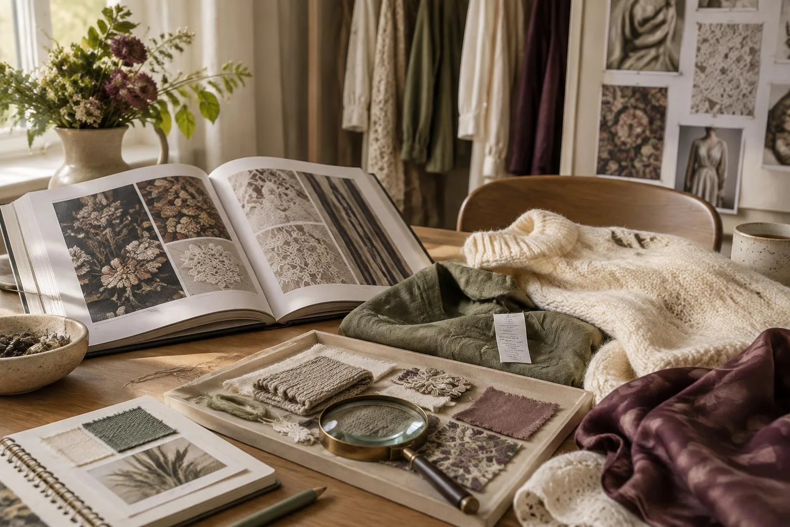 Imagen conceptual de una mesa con muestras de telas, un libro abierto con fotos de encajes y tejidos, prendas de ropa dobladas, una lupa, y flores en un florero, en un ambiente cálido y ordenado.