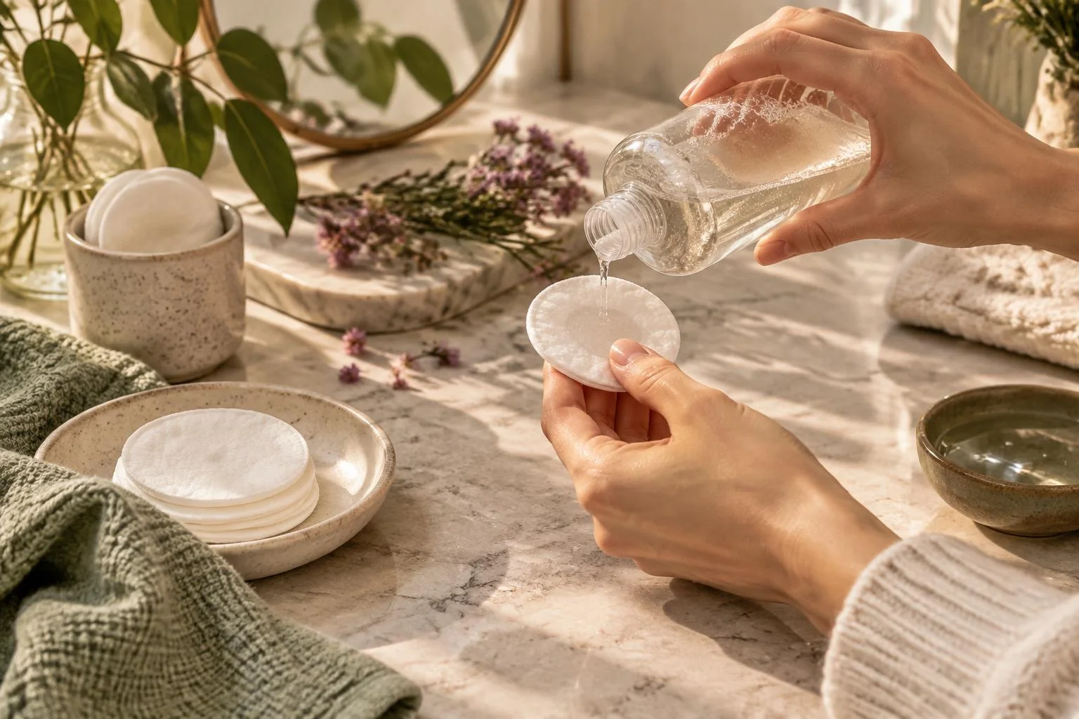 Ilustração conceptual de mãos a verter um líquido transparente numa almofada de algodão num ambiente de casa de banho com toalhas, flores e espelhos.