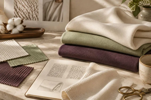 Imagen conceptual de muestras de tejido Interlock dobladas en colores beige, verde y marrón, junto a muestras de tela, una libreta con dibujos de tejidos y un algodón natural en un entorno cálido y ordenado.