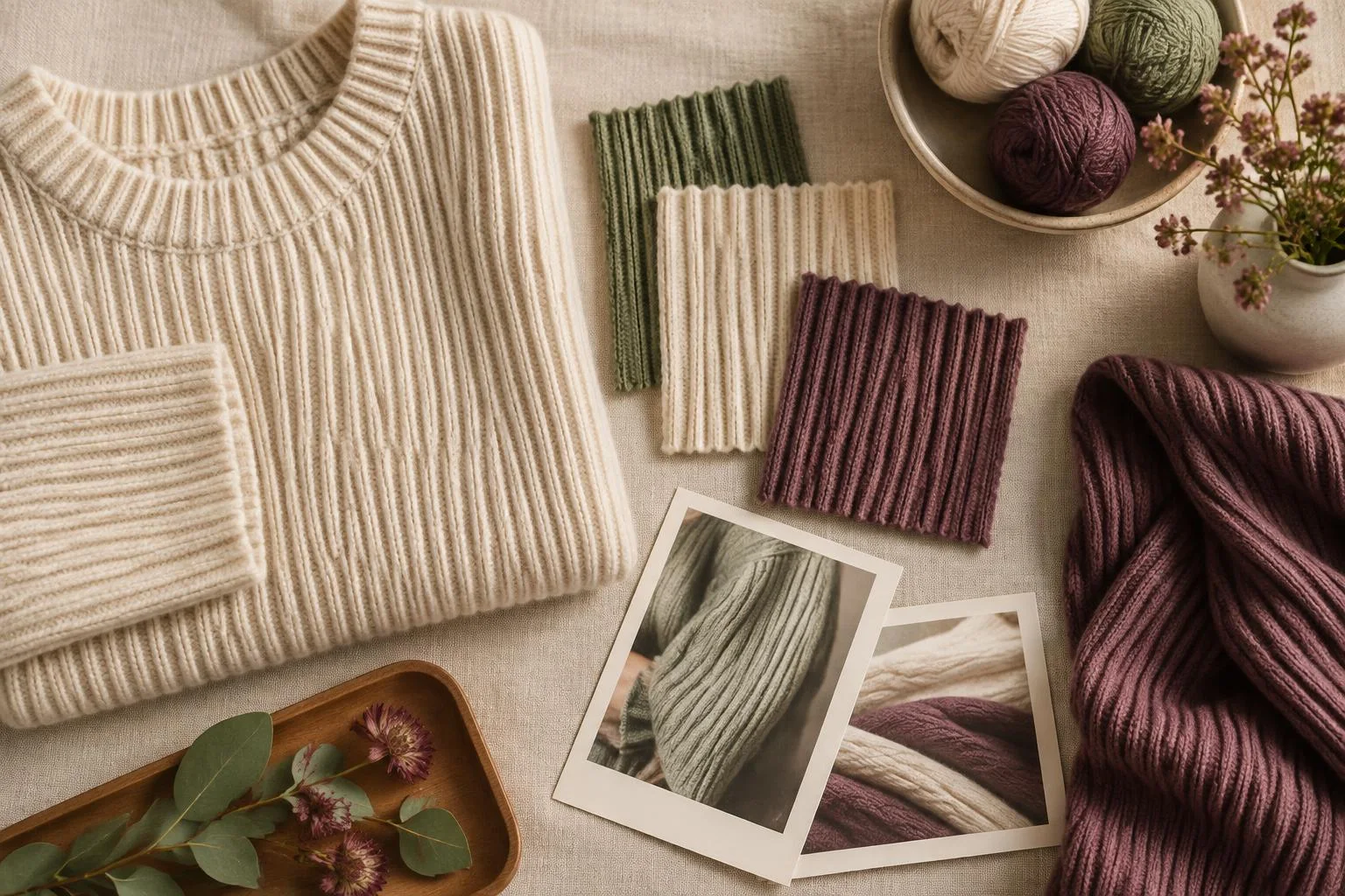 Illustrazione concettuale di tessuti canalé con maglione beige, campioni in crema, verde e viola, gomitoli di lana ed elementi decorativi su una superficie neutra.