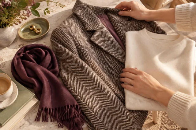 Imagen conceptual editorial que muestra una propuesta de combinación de prendas: un abrigo con dibujo de espiga, un suéter blanco liso y una bufanda morada, junto a accesorios y una taza de café sobre una mesa.