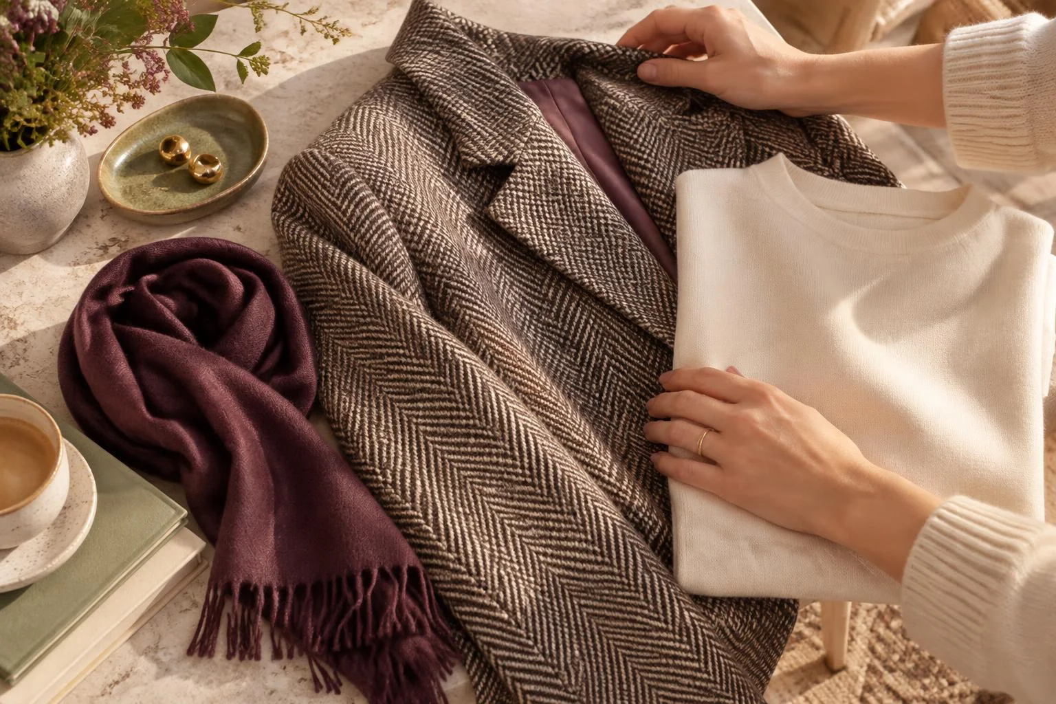 Konzeptionelles Editorialbild, das einen Kleidungs-Kombinationsvorschlag zeigt: einen Mantel mit Fischgrätmuster, einen schlichten weißen Pullover und einen violetten Schal, daneben Accessoires und eine Kaffeetasse auf einem Tisch.