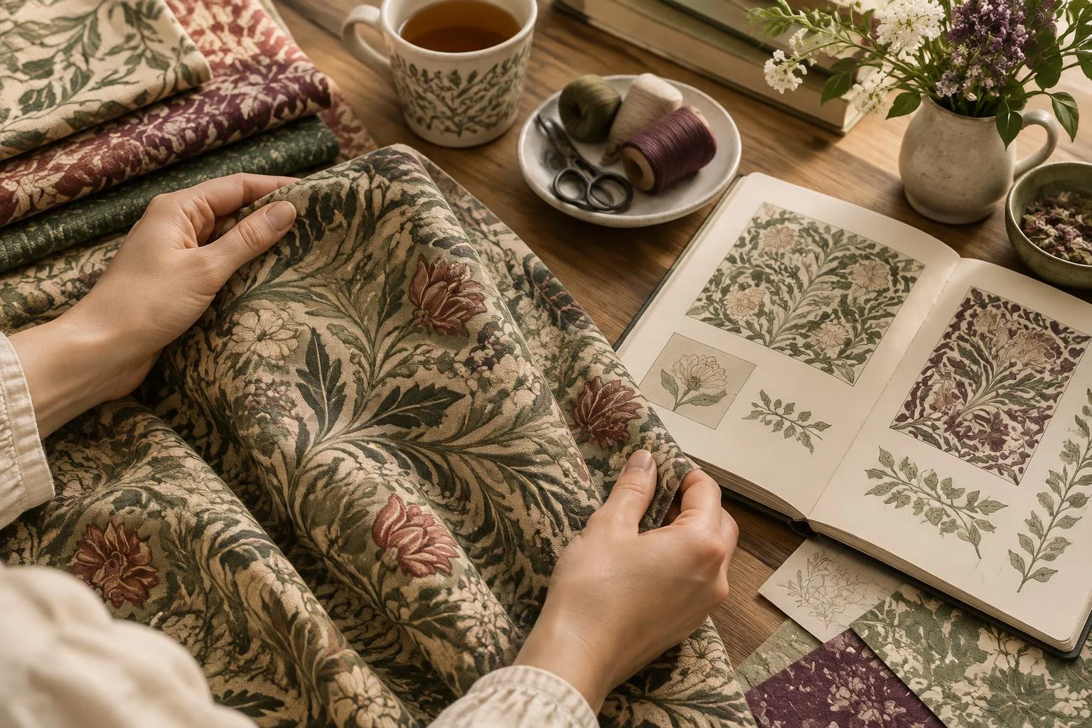 Manos sosteniendo telas con motivos florales repetidos, junto a un libro abierto con ilustraciones botánicas o de textiles, hilos y una taza sobre una mesa de madera, imagen conceptual.