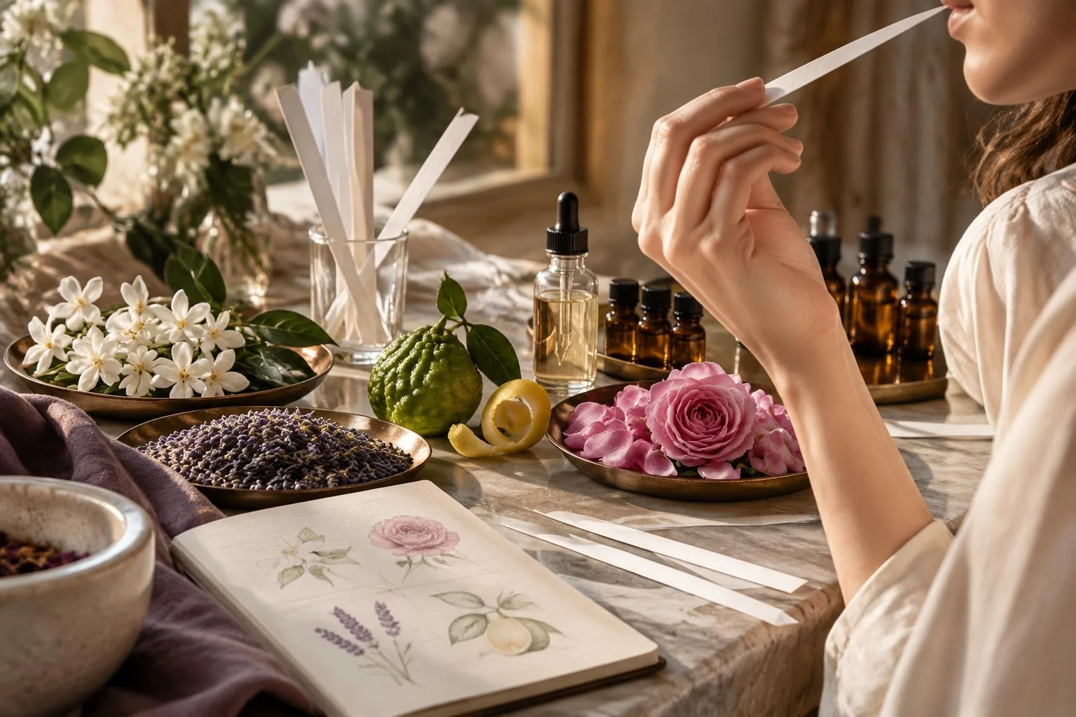 Konzeptuelle Darstellung eines Parfüm-Workshops mit einer Person, die an einem Papierstreifen riecht, Blumen, ätherischen Ölen und einem Notizbuch mit botanischen Zeichnungen.