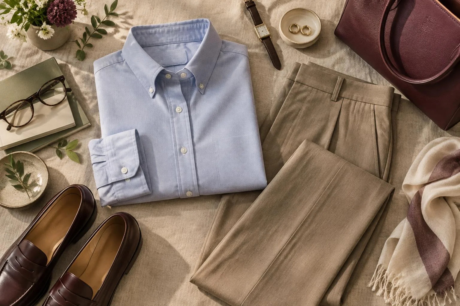 Imagen conceptual de propuesta editorial con camisa Oxford azul claro doblada, pantalón recto beige, zapatos marrones, reloj, gafas y bolso burdeos, sobre fondo neutro.